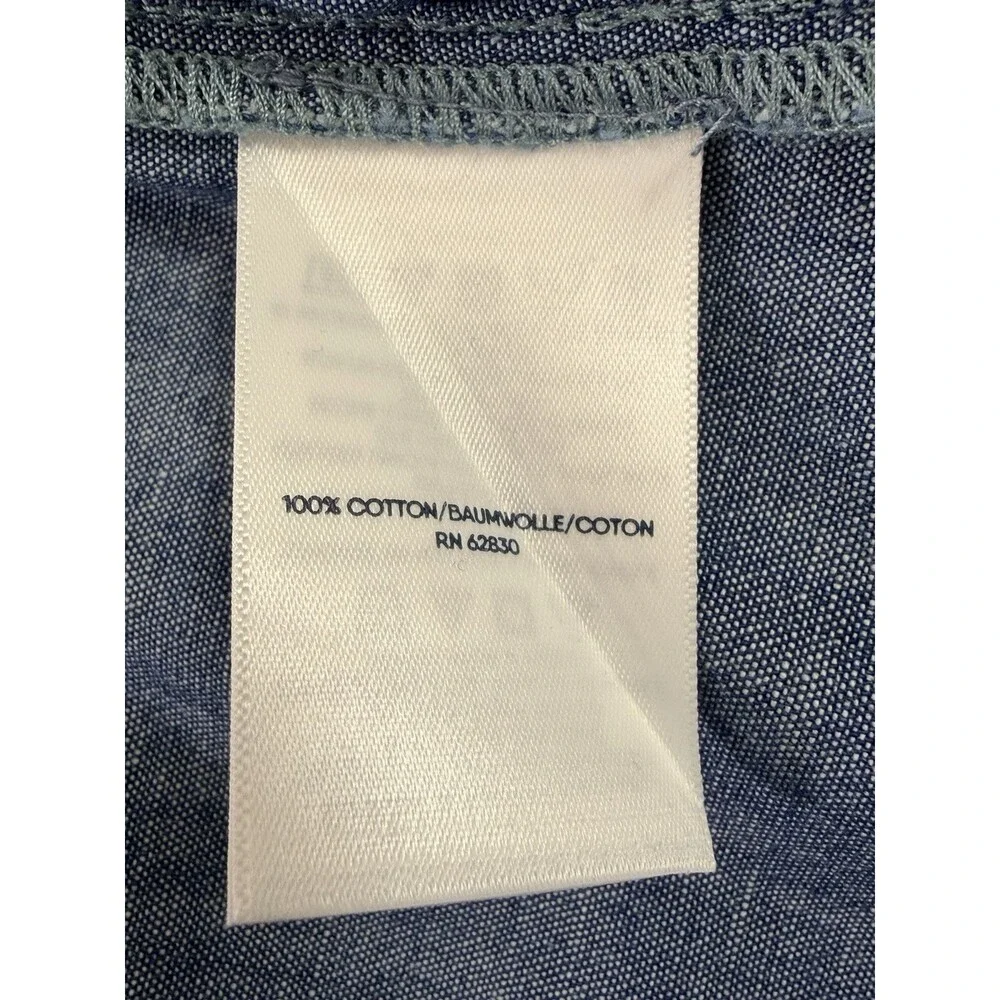 Lands End XL 18 Blue Chambray Tunic Band Collar Gathered Back Pockets EUC - Picture 5 of 7
